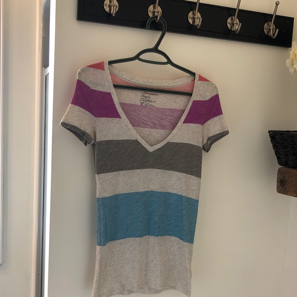 American Eagle Outfitters Multicolor Striped V-Neck Tee